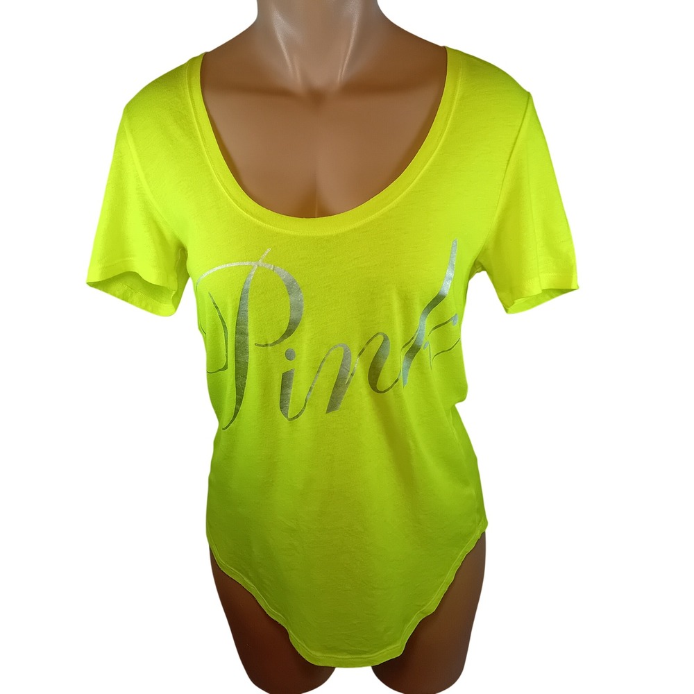PINK Victoria's Secret Graphic Tee T-shirt Neon Metallic Foil Sheer Fits M READ